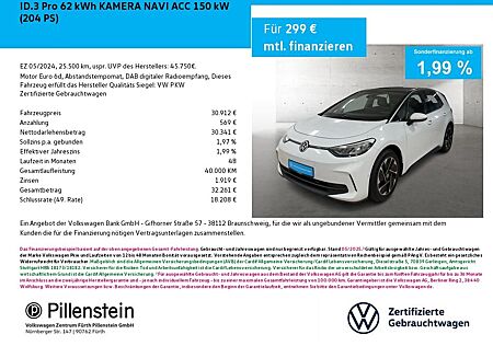 VW ID.3 Volkswagen Pro 62 kWh KAMERA NAVI ACC