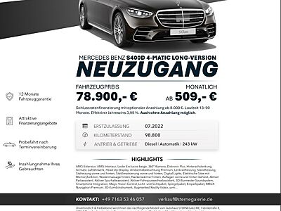 Mercedes-Benz S 400 D/LONG/WADENMASSAGE/3DBURMES/360° HUD Bi