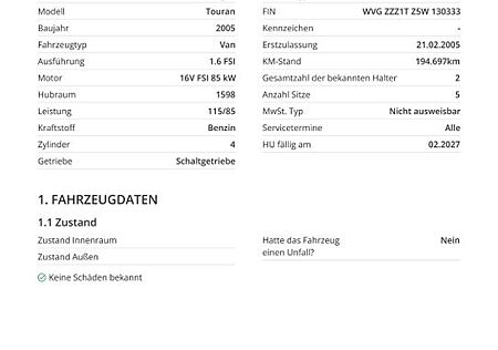VW Touran Volkswagen 1.6 FSI Highline Highline