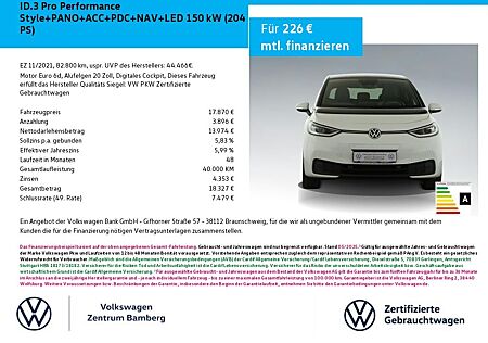 VW ID.3 Volkswagen Pro Performance Style+PANO+ACC+PDC+NAV+LED
