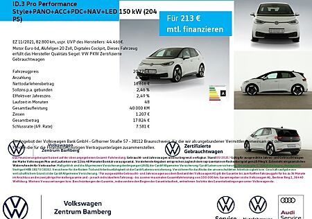 VW ID.3 Volkswagen Pro Performance Style+PANO+ACC+PDC+NAV+LED