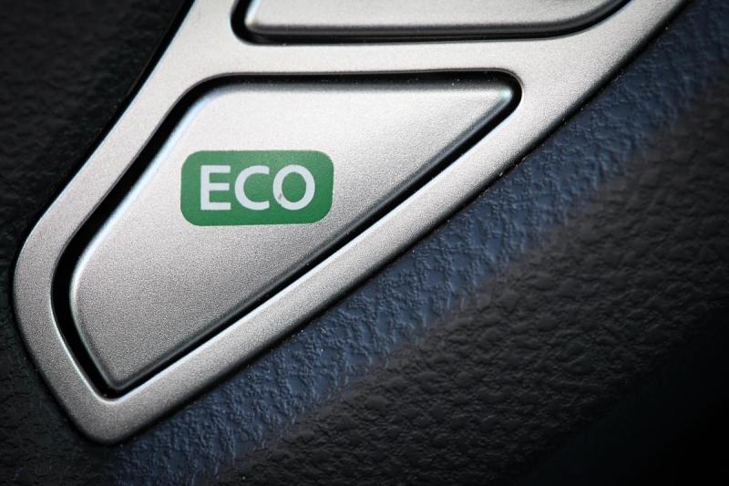 Der Eco-Knopf im Lenkrad des Nissan Leaf macht das Fahren sparsamer und verlängert die Reichweite