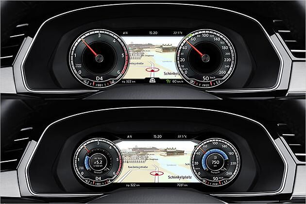 Das 12,3-Zoll-Display ist wahrhaft beeindruckend (Im Bild oben: Navigationsansicht mit großen Rundinstrumenten, unten: kleinere Instrumente, größere Karte)