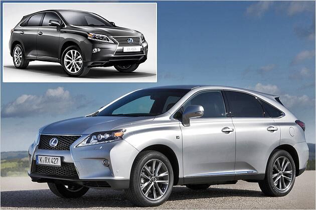 Der herkömmliche RX 450h (kleines Bild) und die F-Sport-Variante im Vergleich: Die Frontpartie ist bei Letztgenanntem deutlich dynamischer gestaltet