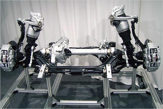 Vorne in der Mitte: Der hydraulische Schwenkmotor, der die Stabilisatorhälften gegeneinander verdreht und das Fahrzeug "anhebt", um ein Wanken zu vermeiden