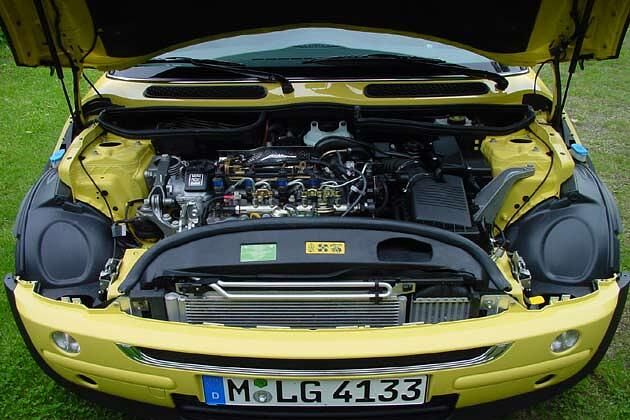 Im Mini ist nicht viel Platz für einen Motor - man sieht es, wenn man die Haube öffnet