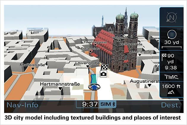 Neu: Das Navi plus stellt markante Gebäude wie die Frauenkirche realistisch texturiert dar