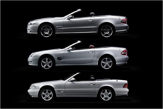 Die letzten drei SL-Generationen von unten (Baureihe R 129; 1989-2001/ R 230; 2001-2008/ R 230 Facelift; ab April 2008)