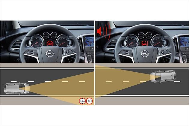 Ebenfalls vom Insignia bekannt ist das Frontkamera-System, das sowohl Verkehrszeichen erfasst (links) als auch beim Verlassen der Spur warnt (rechts)