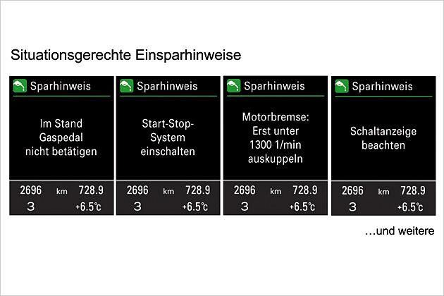 Zum Start-Stopp-System gehhört auch ein Bordcomputer mit Effizienzprogramm: Dieses gibt Hinweise für Sprit sparendes Fahren