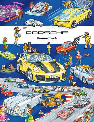 Auf den sieben Doppelseiten wimmelt es – wie bei dieser Bilderbuchart üblich – nur so von Details, in diesem Fall aus der Porsche-Welt
