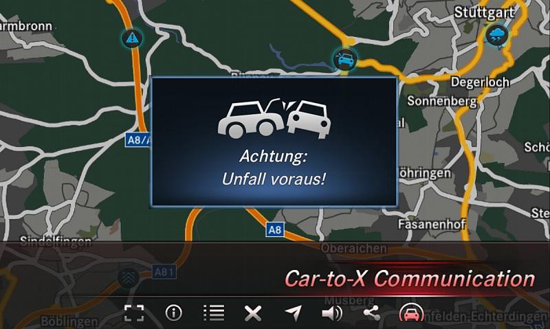 Die bleuen Symbole zeigen bei Mercedes Benz Car2X Gefahrenstellen