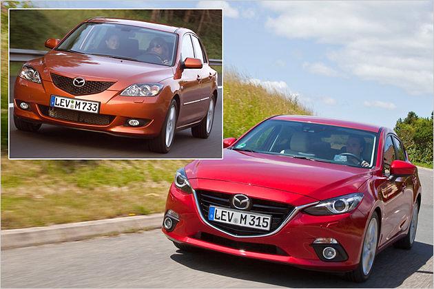 Schon der alte Mazda 3 sah gut aus (kleines Bild), der neue setzt noch eins drauf