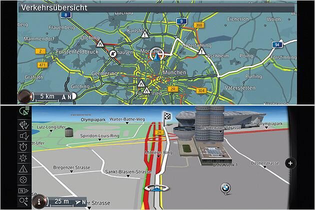Das Navigationssystem informiert den Fahrer in Echtzeit über Verkehrsstörungen, einige Großstädte lassen sich in der Karte in 3D-Ansicht darstellen