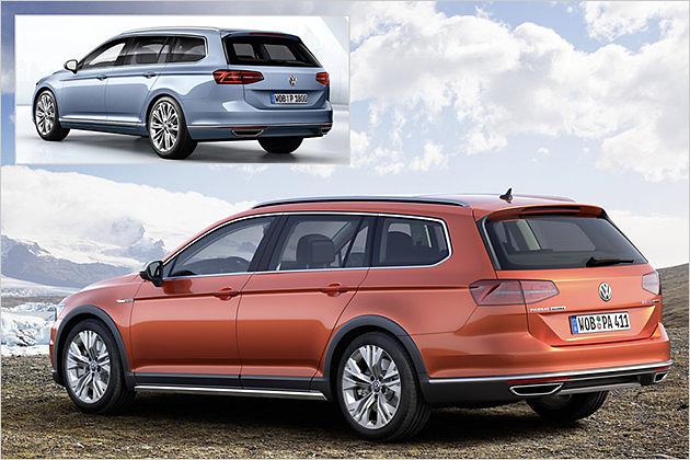 Am Heck des Alltrack (großes Bild) wird gegenüber dem normalen Passat (kleines Bild) ein Unterfahrschutz aus Aluminium angedeutet