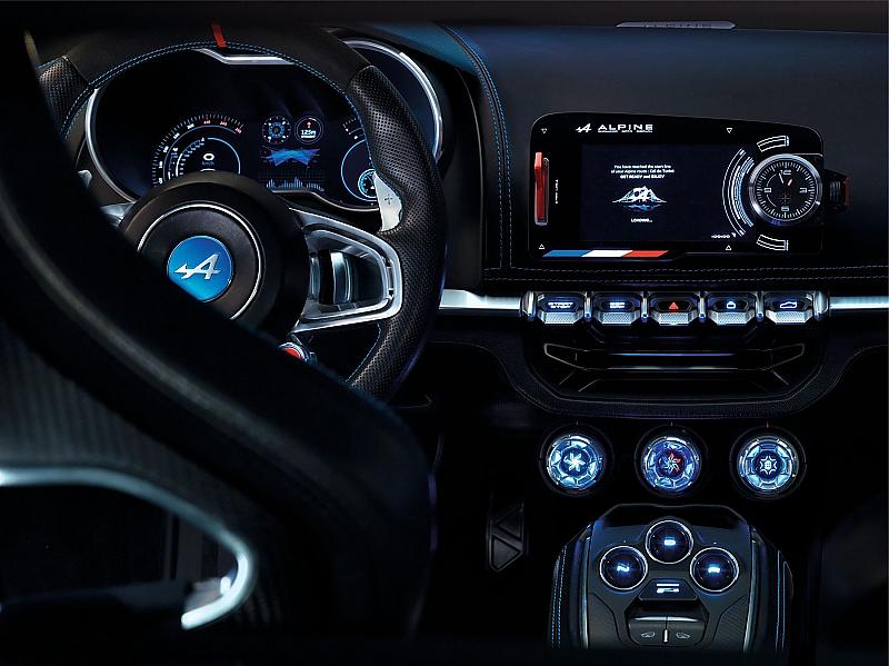 Futuristisches Cockpit mit zwei Displays. Auch die Rundinstrumente sind digital.