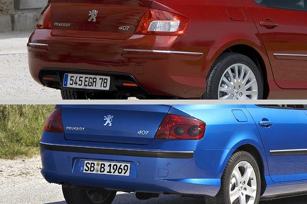 Heck der Limousine: Oben die neue Version mit weißem Leuchteneinsatz und Diffusor