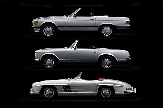 Die Alten (von unten): 300 SL Roadster; 1957-1963/ W 113 Pagoden-SL; 1963-1971/ R 107; 1971-1989