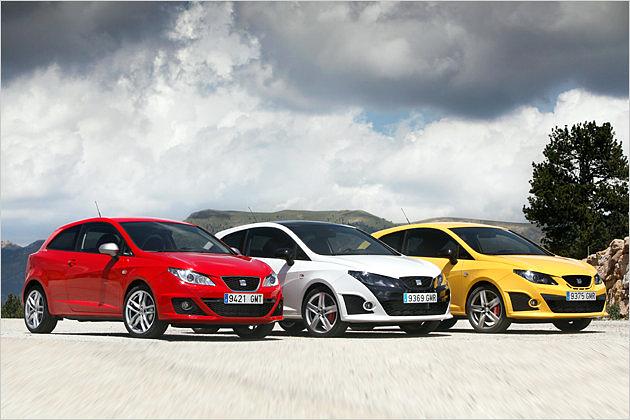 Die drei Sportmodelle vom kleinsten Seat: Ibiza FR, Ibiza Bocanegra und Ibiza Cupra (v.l.n.r.)