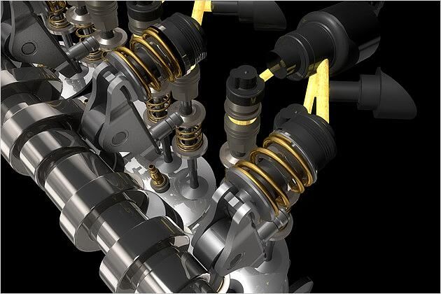 Bei hoher Leistungsanforderung werden die Ventile über die Nockenwelle gesteuert, bei geringerer über das elektrohydraulische System