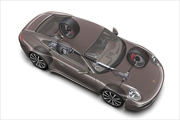 Das Allradsystem Porsche Traction Management verteilt nach Bedarf über eine Lamellenkupplung die Antriebskräfte zwischen Hinter- und Vorderachse