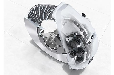 Bei der Hochleistungsbremse Porsche Surface Coated Brake (PSCB, steigert eine die Stahlscheiben aufgebrachte Wolframcarbid-Schicht die Bremswirkung und Verschleißfestigkeit