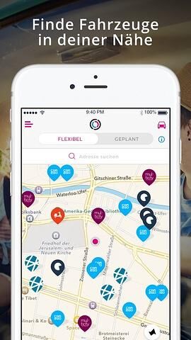 Auf dem Smartphone erscheinen die verfügbaren Fahrzeuge in der Nähe mit Angaben zum Vermieter, zum Preis und natürlich auch zur Art des Autos