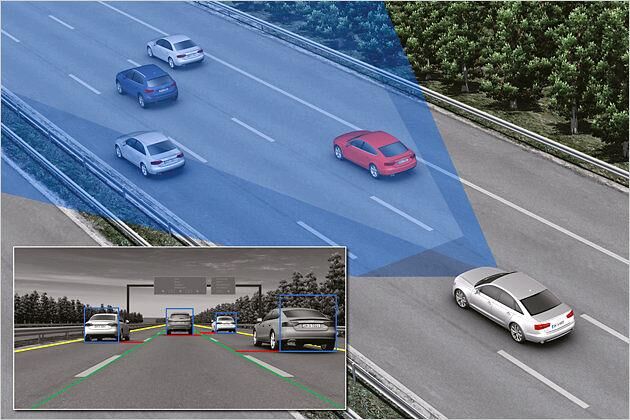 Der Abstandstempomat adaptive cruise control regelt die Geschwindigkeit und den Abstand zum Vorausfahrenden durch automatisches Gasgeben und Bremsen
