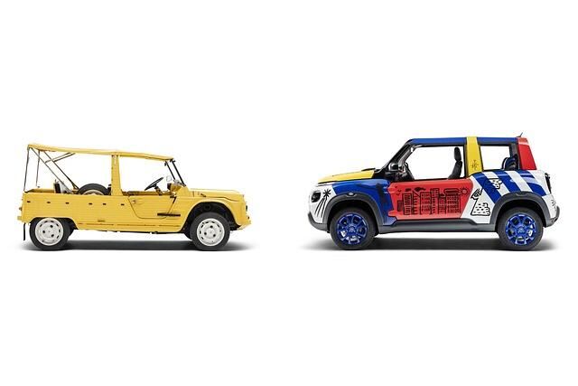 Generationentreff: Citroen Mehari von 1968 links und Citroen E-Mehari von 2018