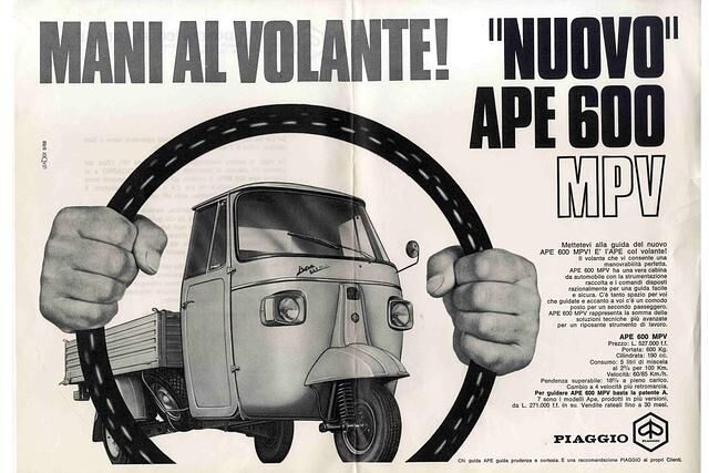 Piaggio Ape 600 MPV Werbung 1969, erste Ape mit Lenkrad statt Lenkstange