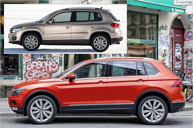 Die Proportionen der neuen Version im Vergleich zum etwas seltsam wirkenden alten Tiguan (kleines Bild)