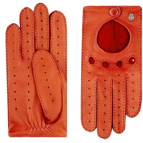Die klassischen Autofahrer-Handschuhe aus weichem Hirsch-Nappaleder von Roeckl sehen in leuchtendem Orange (Montreal) oder edlem blau (Toronto) nicht nur im Cabrio oder Oldtimer gut aus