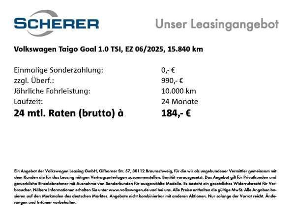 Volkswagen Taigo GOAL 1.0 TSI NAVI CARPLAY SHZ ACC GJR bild 2