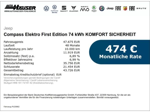 Jeep Compass Elektro First Edition 74 kWh SOFORT KOMFORT SICHERHEIT WÄRMEPUMPE EL. HECKKL. HUD NAVI ACC bild 2