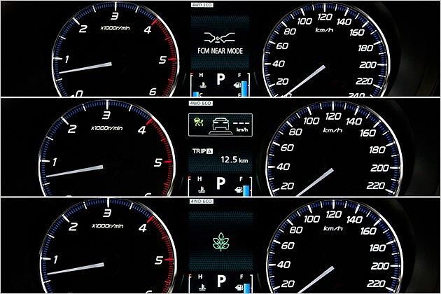 Im Infodisplay sind diverse Anzeigen möglich: Auffahrwarnsystem, adaptive Temporegelung und eine Belohnung für ökonomisches Fahren (von oben)
