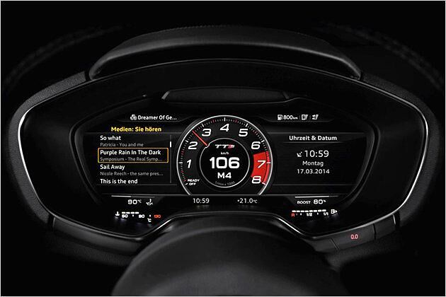 Die neue Anzeige hinter dem Lenkrad kann je nach Belieben Informationen anzeigen. Den mittigen Drehzahlmesser gibts aber nur beim TTS