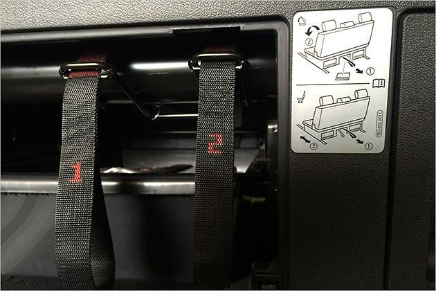 Hinter einer Plastikblende verstecken sich Zugbänder zum verstellen der Rücksitzbank