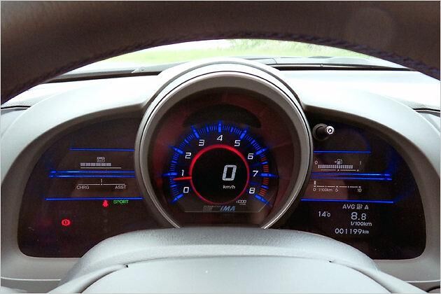 Hauptinstrument mit Drehzahlmesser und Tacho, links Batterieladezustand und Modus, rechts Tankanzeige und Bordcomputer