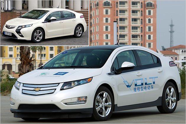 Der Chevrolet Volt und sein baugleicher Bruder, der Opel Ampera (kleines Bild)