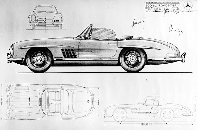 Mercedes-Benz 300 SL Roadster Typ W198 II: Designzeichnung von Dezember 1955