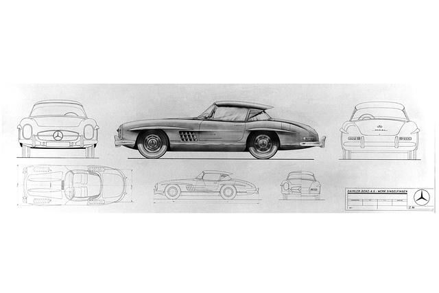 Mercedes-Benz 300 SL Roadster Typ W198 II: Designzeichnung mit Hardtop von 1956