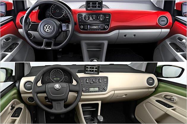 Die glänzenden farbigen Dash Pads der höheren Up-Versionen (im Bild oben) sind deutlich schicker als das Armaturenbrett des Citigo