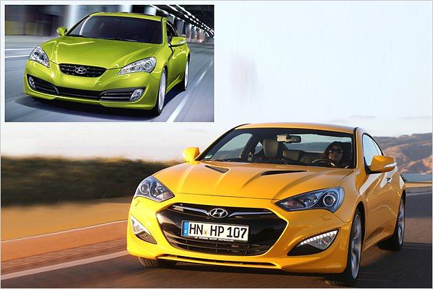 Das Genesis Coupé vor dem Facelift (kleines Bild) und danach: Die Frontpartie wird jetzt von einem größeren Kühlergrill beherrscht