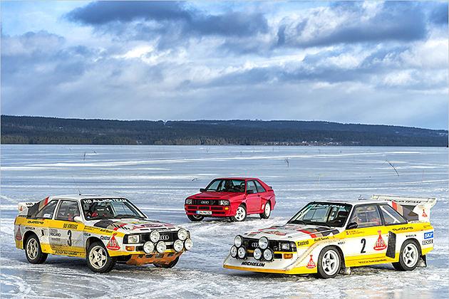 Helden der 1980er: Audi Sport quattro S1, Sport quattro Straßenversion und der Sport quattro E2 (von links)