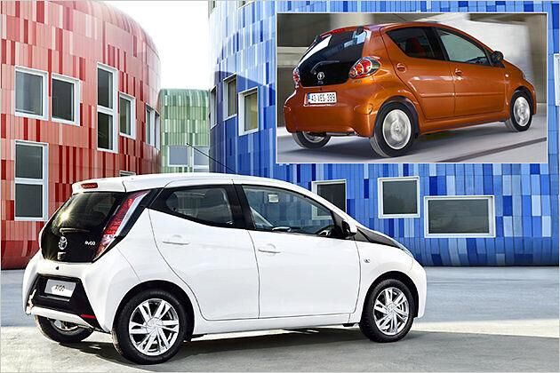 Obwohl die Abmessungen kaum gewachsen sind, wirkt der neue Aygo (großes Bild) stämmiger