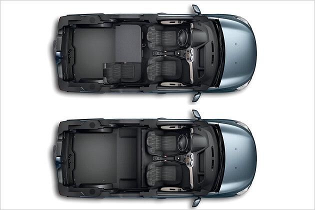 In der Vogelperspektive: geteilt umlegbare Rückbank (oben), die im Ganzen nach vorne geklappt werden kann (unten)