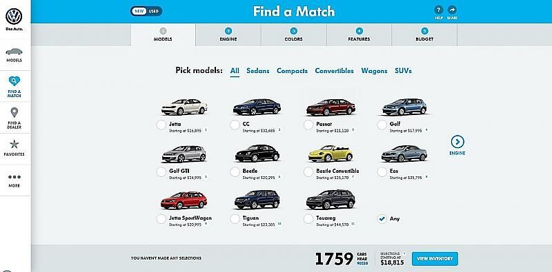 Nach Eingabe der Postleitzahl (Los Angeles 90210), spuckt die VW Online Seite USA nach Klick auf Find a Match die ersten Modelle aus