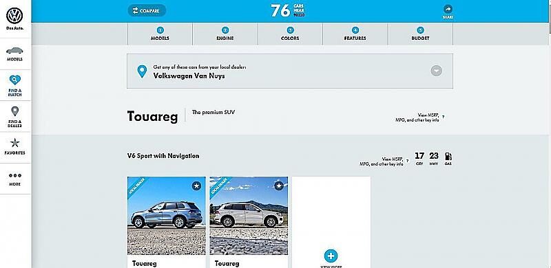 VW Online Seite USA Find a Match Los Angeles 90210 nach weiterer Eingrenzung der Auswahl