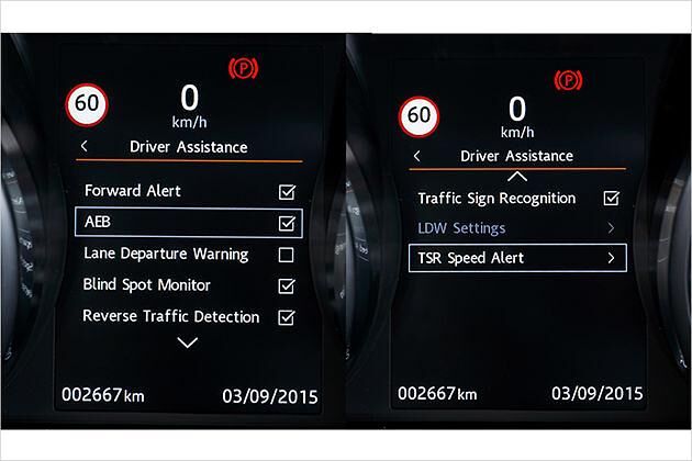 Über das Display vor dem Fahrer lassen sich das Notbremssystem (AEB) und die Verkehrszeichenerkennung (TSR) an- und abschalten