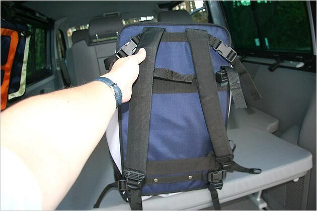 Die zweite Stofftasche lässt sich an den Fenstern einklinken, aber auch als Rucksack verwenden